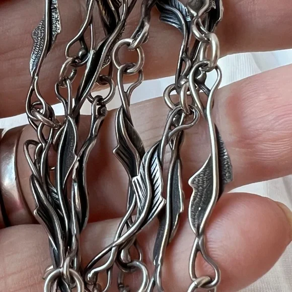 ANTIQUE VINTAGE LONG 925 STERLING SILVER NECKLACE CHAIN LEAVES DESIGN ORNATE